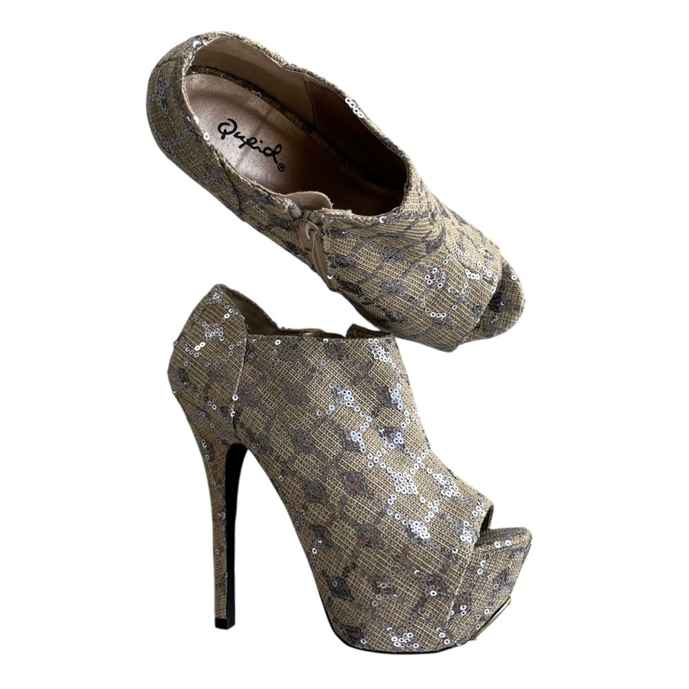 Qupid Women’s Silver Sequin & Gold Tweed Peep Toe Platform Bootie Stiletto Heels